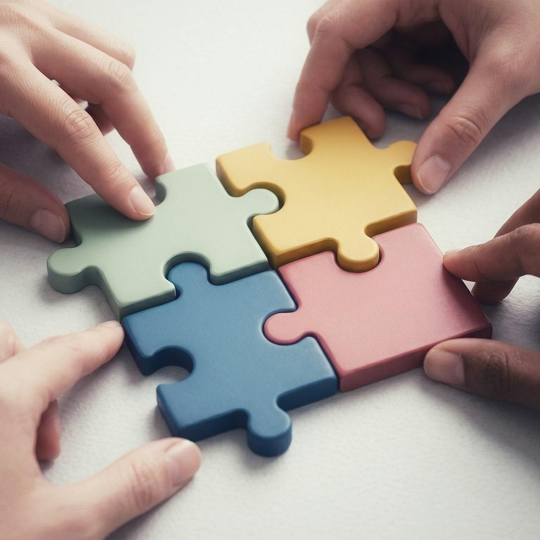 Hands connecting colorful puzzle pieces together